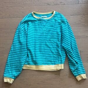 Free People Striped Teal & Turquoise Crewneck Sweatshirt with Yellow Trim